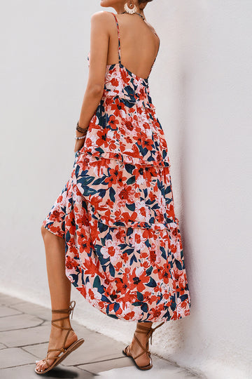 Red Floral Spaghetti Straps A Line Summer Dress